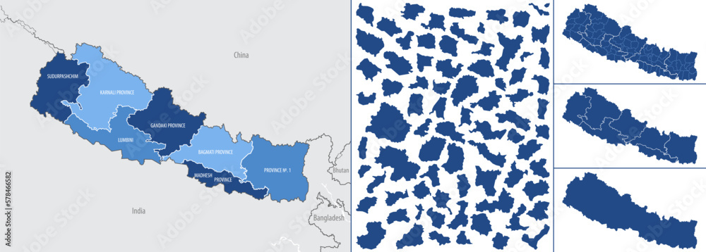 Detailed, vector, blue map of Nepal with administrative divisions ...