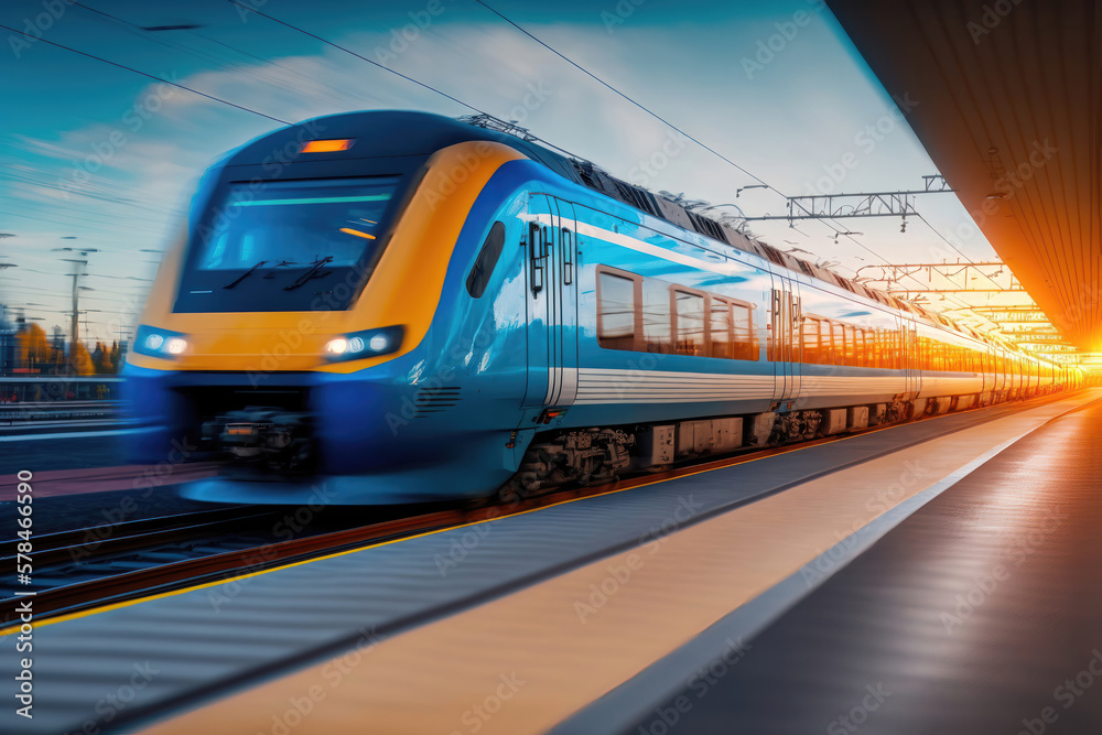 Fototapeta premium Speeding into the Sunset: High Speed Train at the Railway Station. Generative Ai
