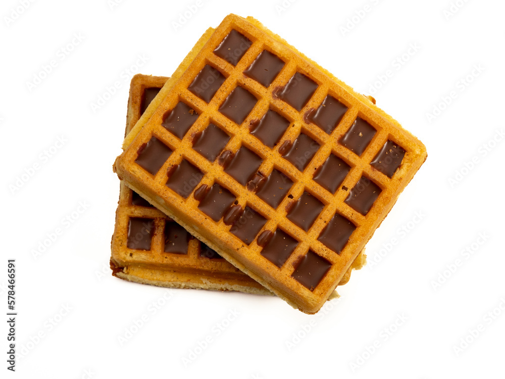 Chocolate waffles isolated on white background. Waffles in chocolate. Close-up. Chocolate waffles isolated on white background. Waffles in chocolate. Close-up.
