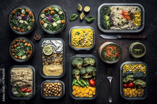Overhead shot of vegan meal prep. Healthy eating, plant-based diet, nutrition, meal planning, cooking, balanced meals, environmental sustainability, mindfulness. High resolution. Generative AI