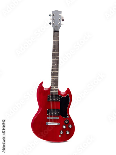 Red electric guitar isolated on white background. Musical instrument guitar. Close-up.