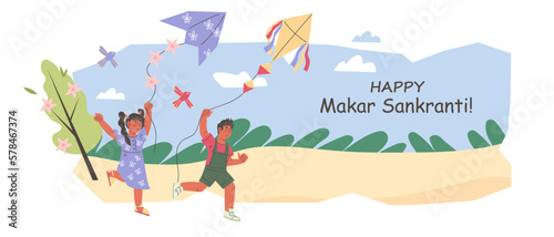 Indian festival Makar Sankranti poster or greeting banner design with kids flying kites in the sky, flat cartoon vector illustration isolated on white background.