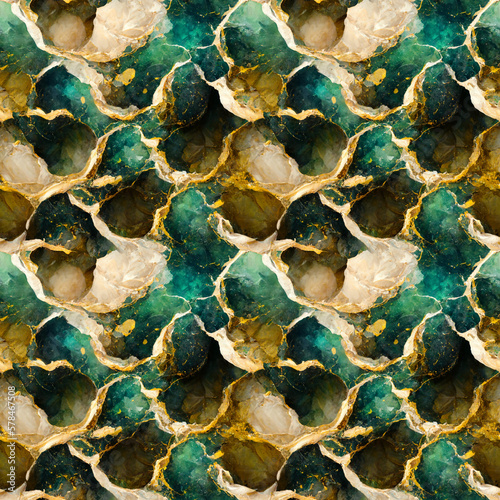 Stone wall texture, green and golden Background, Luxury Wallpaper, Seamless Pattern