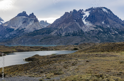 Impressive mountains and a lake with turquoise water at Torres del Paine National Park in Chile, Patagonia, South America