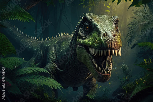 Carnivore dinosaur in jungle background. Ancient predator. Created with Generative AI © Lazy_Bear
