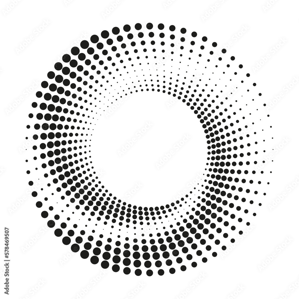 Abstract halftone spiral. Vector halftone dots background for design banners, posters, business projects, pop art texture, covers. Geometric black and white texture