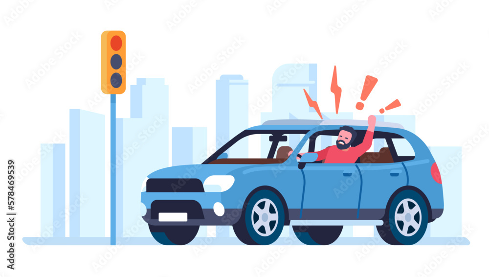Angry driver behaves aggressively on road in front of stoplight. Man drive automobile. City auto transportation. Traffic lights. Furious yelling man in car. Highway safety. Vector concept