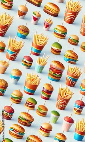 Burgers and Fries, fast food, realistic delicious style. Tiled Seamless Background, Generative AI.