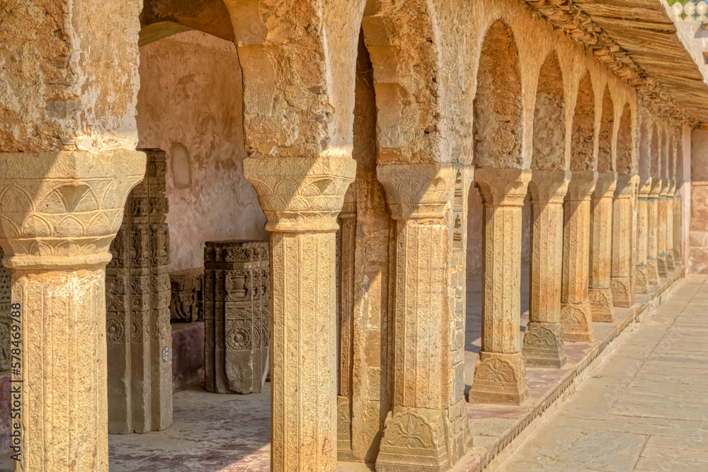 Pillars at the giant Ancient Chand Baori Stepwell of Abhaneri