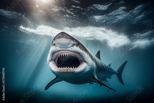 Shark with open mouth and huge teeth during attack. Tiger shark underwater in ocean. Shark with open mouth and huge fangs underwater. Great white Predator fish hunt for prey in sea. Generative AI.