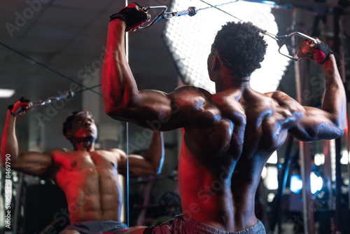Tableau sur toile 20s Black male working out rear delt and back muscles with cable machine