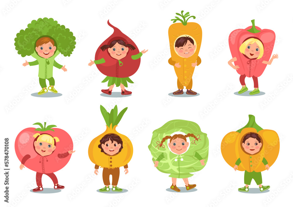 Children in vegetables costumes. Cute little boys and girls in fancy dress. Vegetarian party clothes. Theatre carnival outfit. Organic products. Festival clothing. Splendid vector set