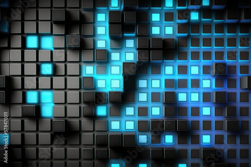 Cube background pattern with neon blue lighting, future style (generative AI)