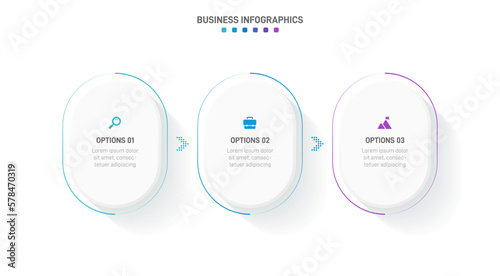 Timeline infographic with infochart. Modern presentation template with 3 spets for business process. Website template on white background for concept modern design. Horizontal layout.