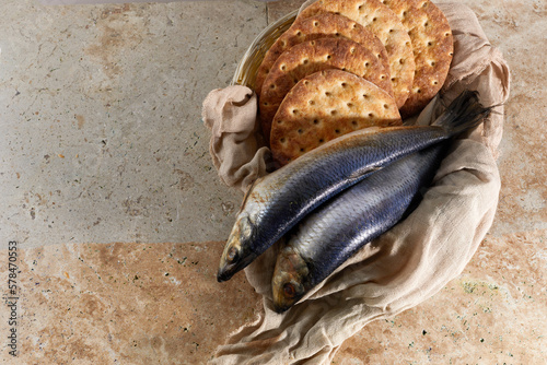 Canvas Print Catholic still life of five loaves of bread and two fish