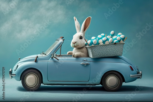 Bunny with Easter eggs in an open-top car (generative AI)