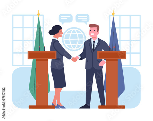 Diplomats meet for international negotiations and agreement signing. Man and woman at tribunes shaking hands. Political deal. World diplomacy. Countries representatives. Vector concept photo
