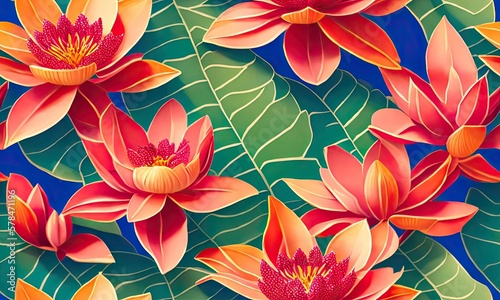 Vibrant Seamless Tiled Art Design of Exotic Palms  Lush Foliage  and Ornate Flora Patterns. Generative AI