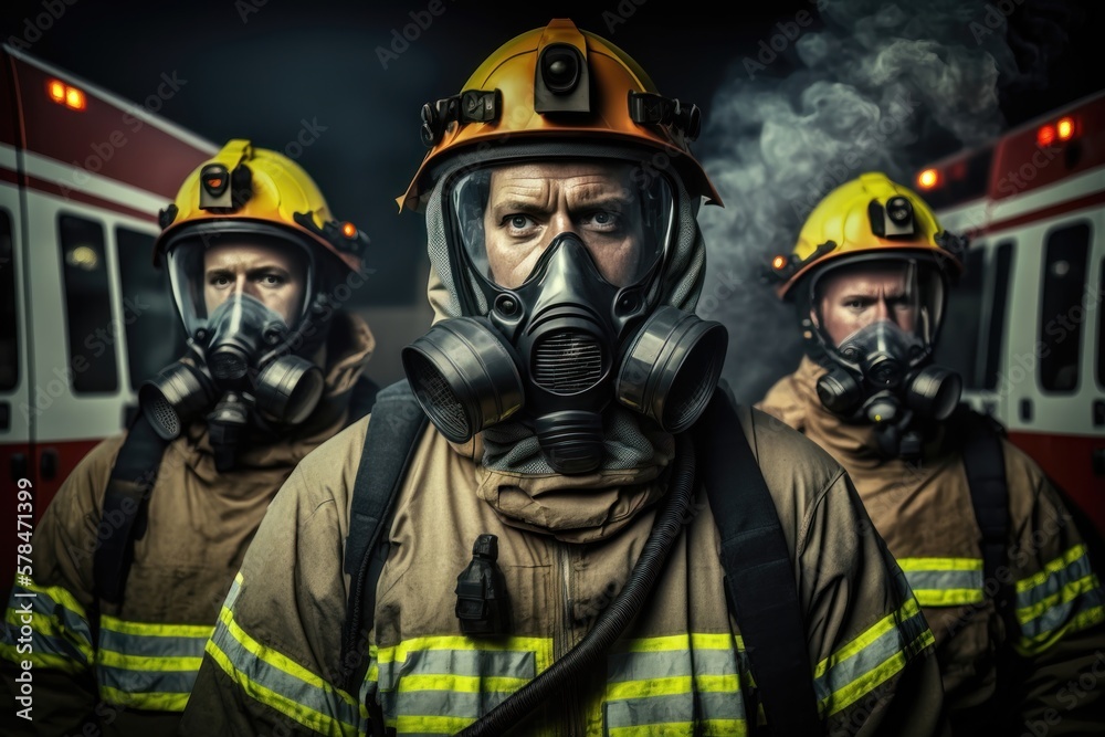 Portrait of a group of firefighters in masks standing near the fire. AI generation