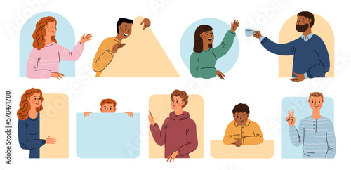 Funny people staring. Happy men and women in geometric frames and holes. Interaction with primitive objects. Hiding behind triangle or looking out from rectangle. Garish vector set