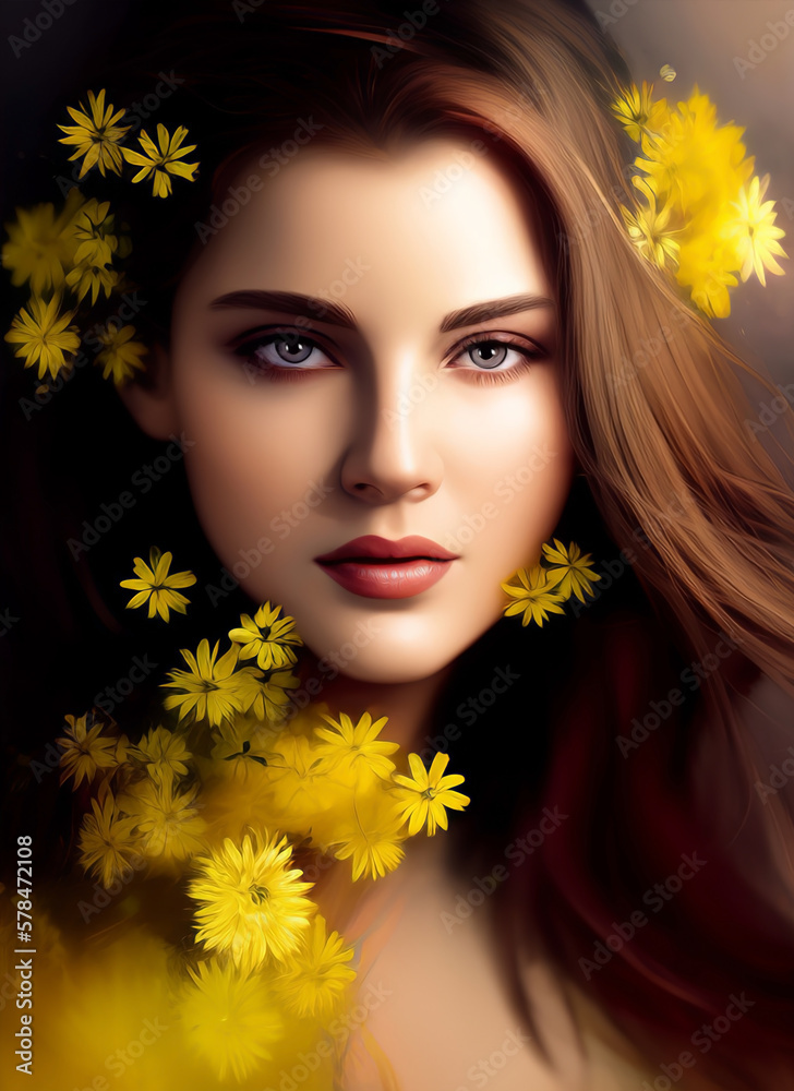 Painting of a beautiful woman's face, Portrait of a beautiful woman. yellow flowers Painting of a beautiful woman's face, Portrait of a beautiful woman. yellow flowers