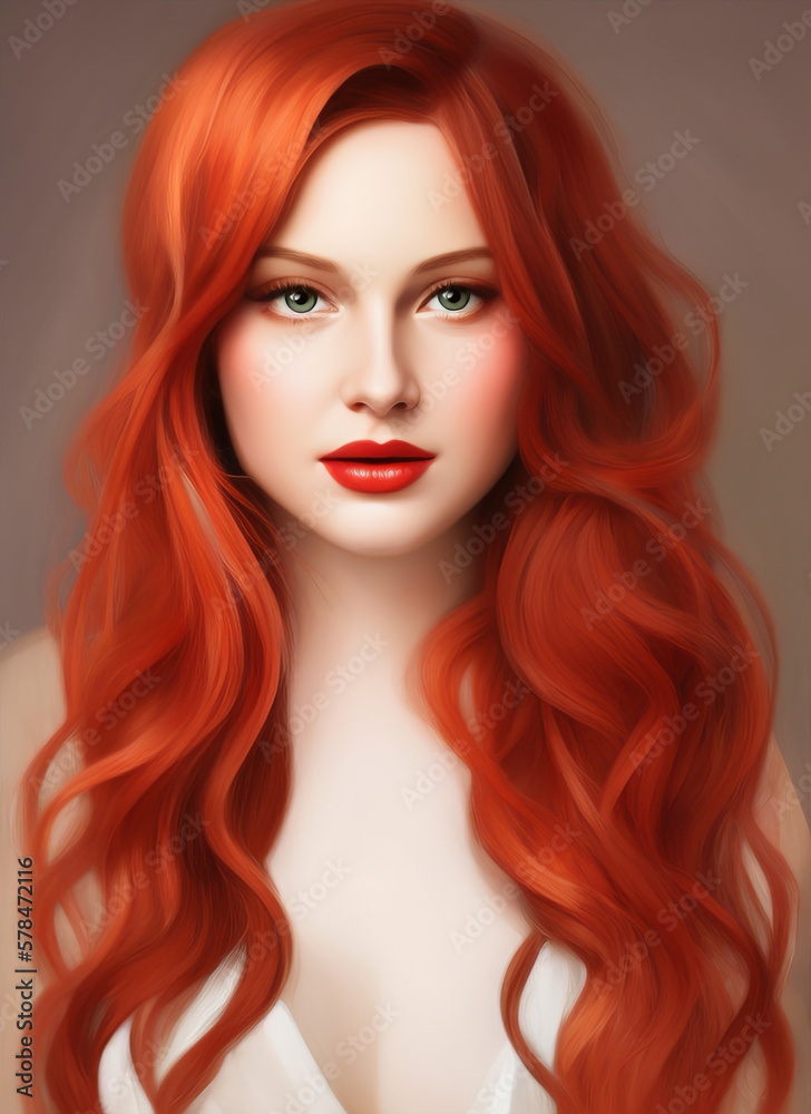 Painting of a beautiful woman's face, Portrait of a beautiful woman. red hair