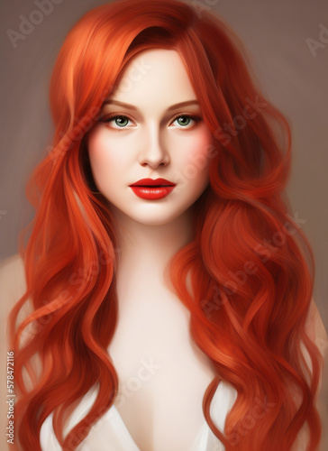 Painting of a beautiful woman's face, Portrait of a beautiful woman. red hair