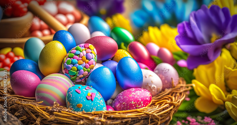 Fototapeta premium Easter basket with eggs - Colorful - Illustration - AI technology