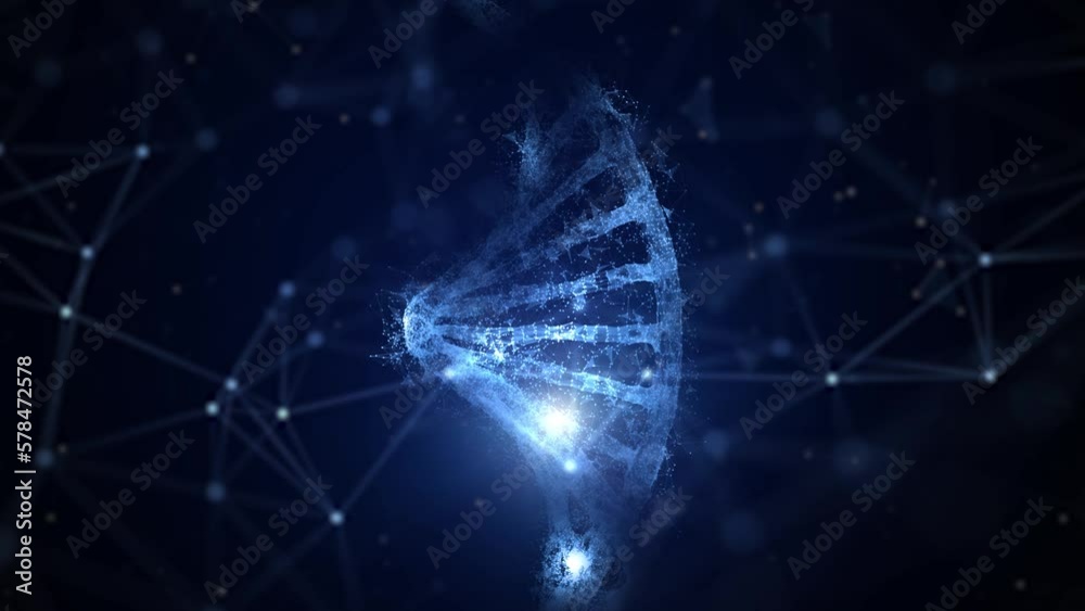 Futuristic digital dna chain looping on dark blue background. Concept science animation.