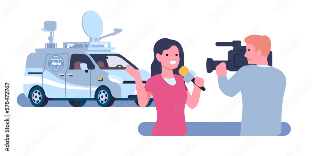 Reporter Objects Journalist is reporting from scene outside news TV channels second car ...