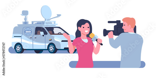 Journalist is reporting from scene outside news TV channels second car. Reporter with microphone recording video by camcorder. Reportage broadcast. Minivan with antennas. Vector concept