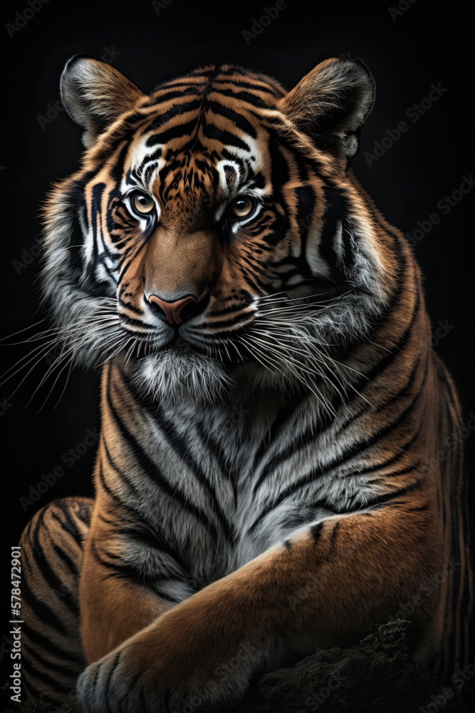 Obraz premium Portrait of the tiger on dark background. Ai generated illustration.