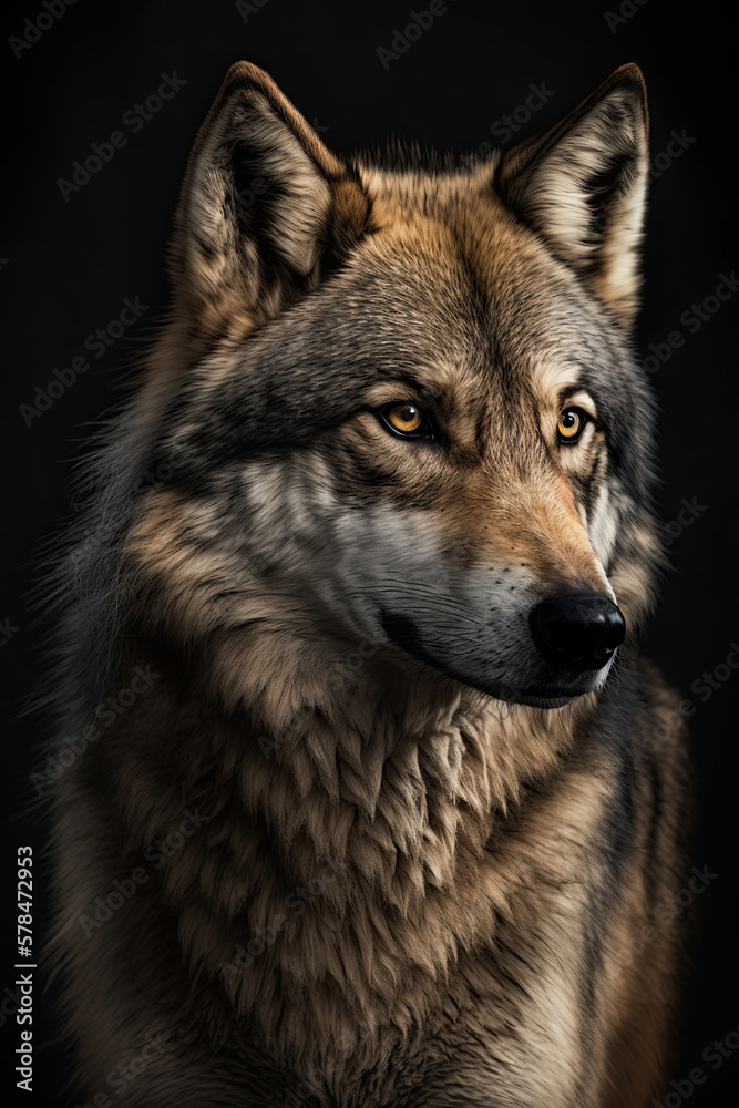 Portrait of a wolf on a dark background. Ai generated illustration