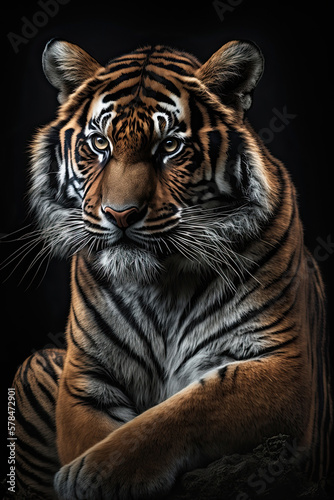 Portrait of the tiger on dark background. Ai generated illustration.