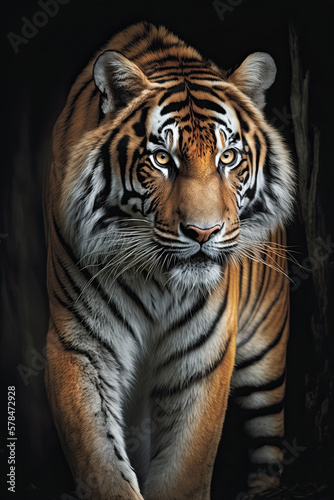 Portrait of the tiger on dark background. Ai generated illustration.