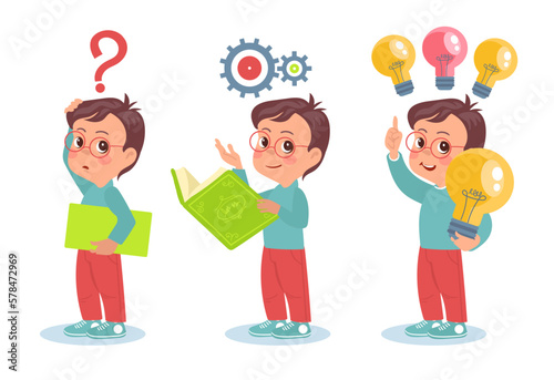 Kid searches idea. Thinking process. Smart boy with book in different states. Confusing child. Teenager finding solution. Innovation lamp. Brainstorming progress. Splendid vector concept