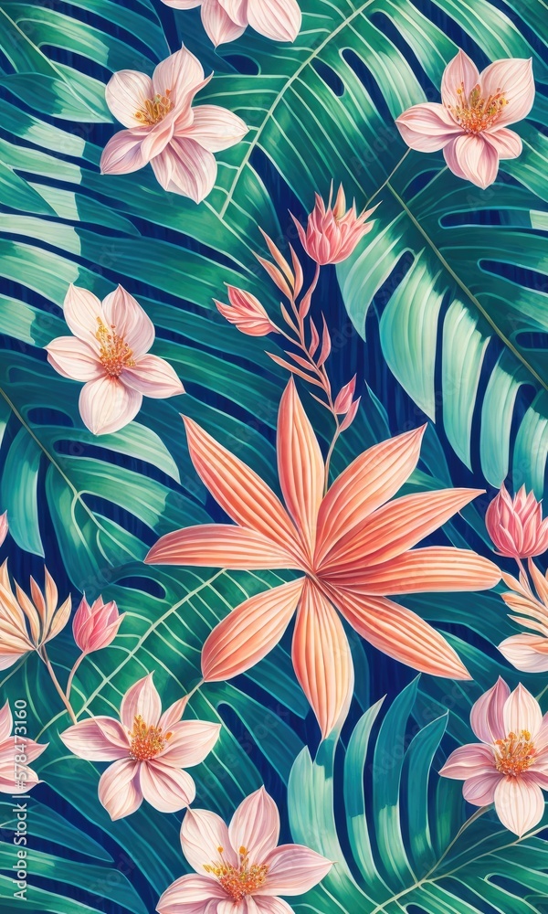 Vibrant Seamless Tiled Art Design of Exotic Palms, Lush Foliage, and Ornate Flora Patterns. Generative AI Vibrant Seamless Tiled Art Design of Exotic Palms, Lush Foliage, and Ornate Flora Patterns. Generative AI