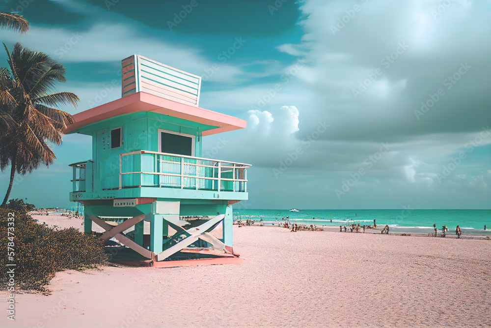Obraz premium Lifeguard tower on beach. Miami Beach with lifeguard tower. Rescue tower with a lifeguard to watch swimmers in the sea to prevent drowning and danger. Ai Generated Illustration.