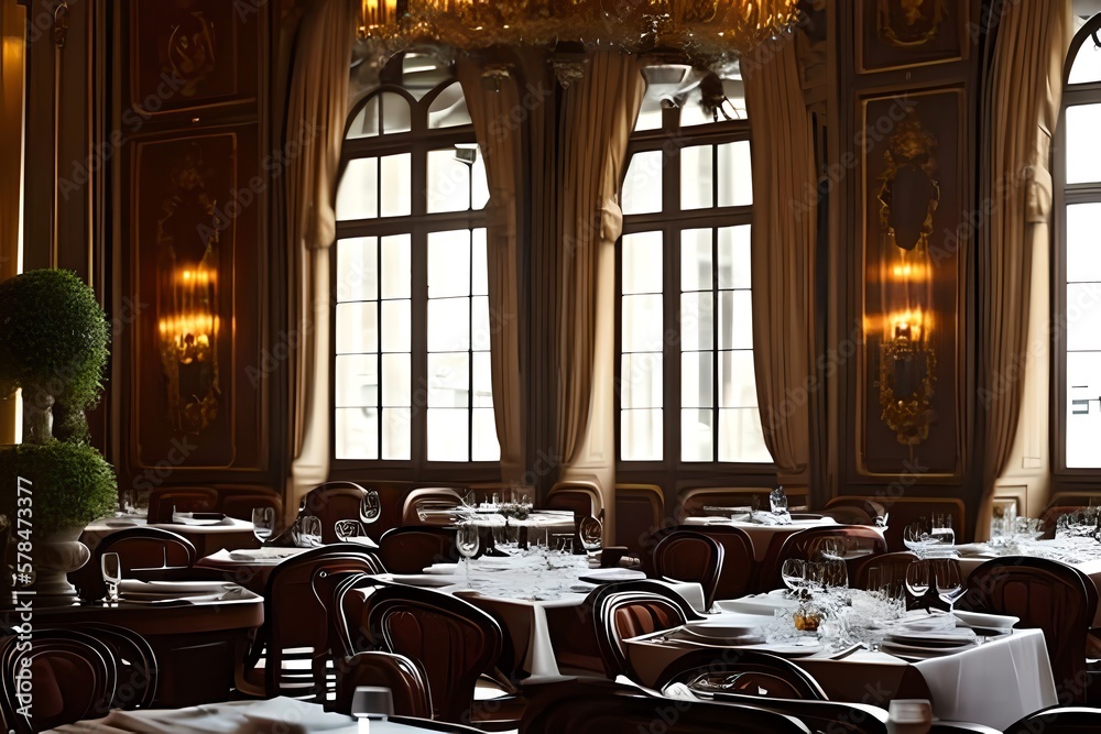 Atmospheric French Restaurant With Charming An Cozy Interior In Morning Light, Intimate, Nostalgic, Elegant, Parisian. Generative AI Atmospheric French Restaurant With Charming An Cozy Interior In Morning Light, Intimate, Nostalgic, Elegant, Parisian. Generative AI