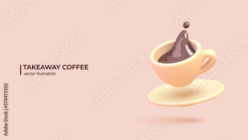 3d Vector coffee cup. Realistic 3d design of porcelain saucer with Coffee or tea. Realistic illustration hot drinks with black splash in cartoon minimal style. Vector illustration.
