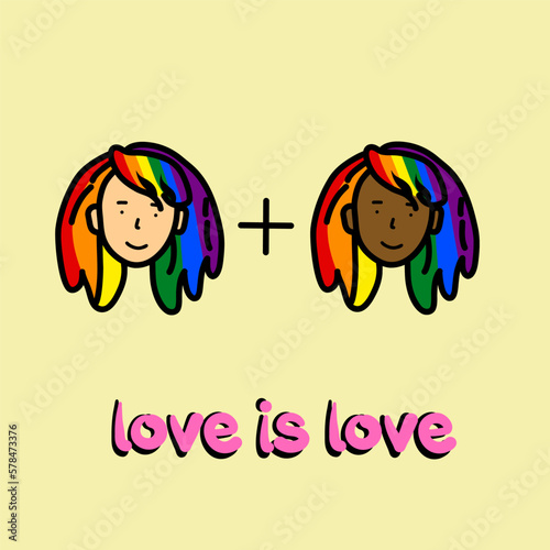 Young biracial women, love couple face portrait. Girlfriends of different race. Homosexual lesbian girl friends together. Vector illustration isolated on yellow background. Vector illustration
