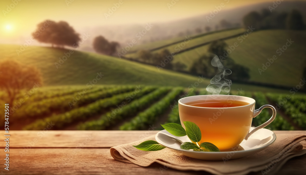 Cup of hot delicious tea and tea leaves on background of picturesque tea plantation. Copy space. Based on Generative AI Cup of hot delicious tea and tea leaves on background of picturesque tea plantation. Copy space. Based on Generative AI
