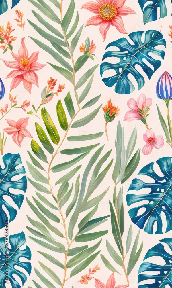 Vibrant Seamless Tiled Art Design of Exotic Palms, Lush Foliage, and Ornate Flora Patterns. Generative AI Vibrant Seamless Tiled Art Design of Exotic Palms, Lush Foliage, and Ornate Flora Patterns. Generative AI