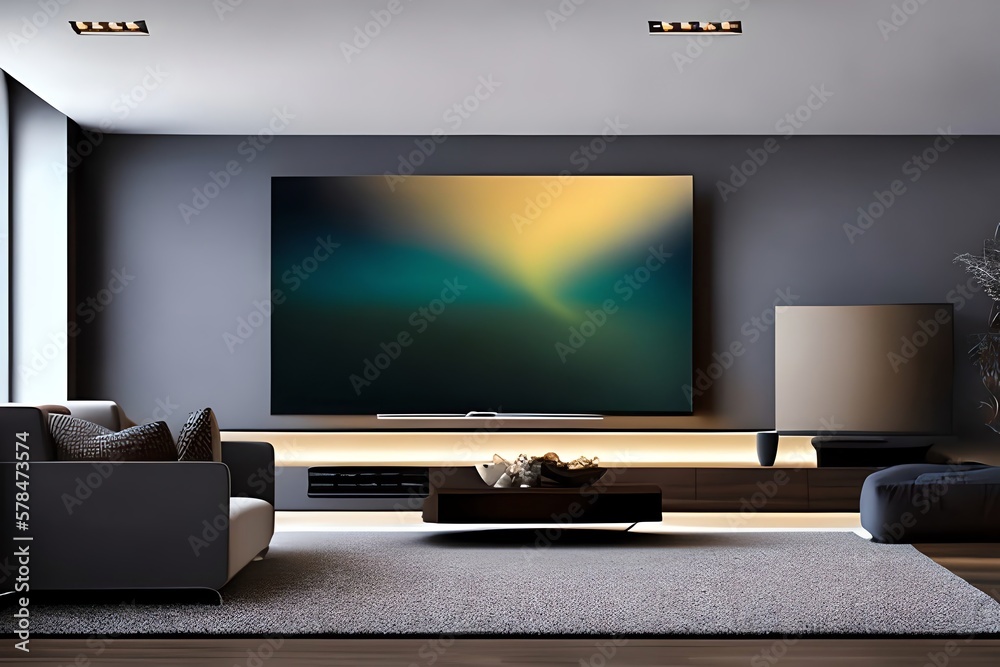 Illustrazione Stock Big Tv Wall Screen In Modern Living Room, Television  Set In Luxury Interior. Generative AI | Adobe Stock