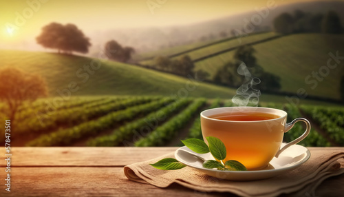 Cup of hot delicious tea and tea leaves on background of picturesque tea plantation. Copy space. Based on Generative AI