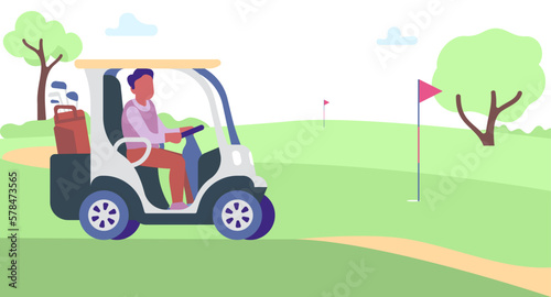 Man rides in cart across golf course with flags. Player transportation by golfing field. Summer luxury outdoor sport game. Athletic hobby. Male golfer driving electric car. Vector concept