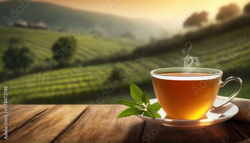 Cup of hot delicious tea and tea leaves on background of picturesque tea plantation. Copy space. Based on Generative AI