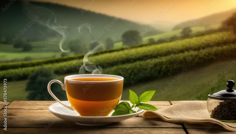 Cup of hot delicious tea and tea leaves on background of picturesque tea plantation. Copy space. Based on Generative AI Cup of hot delicious tea and tea leaves on background of picturesque tea plantation. Copy space. Based on Generative AI