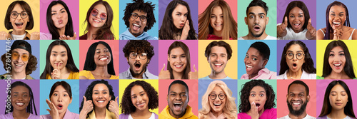 Beautiful young multicultural people showing diverse emotions, set of photos