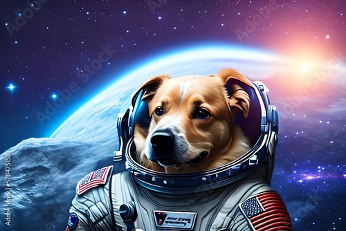 Dog In Space Suit In Cosmic Galaxy, Fantasy Astronaut In Universe. Generative AI